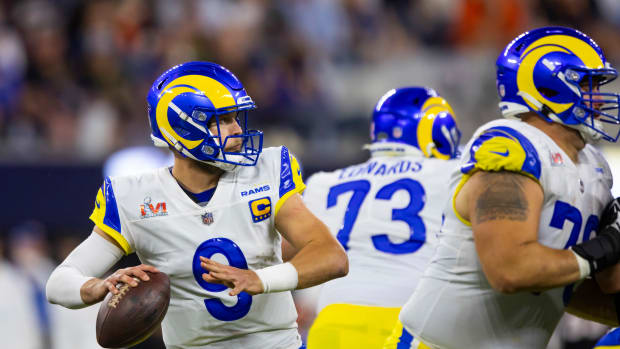 Feb 13, 2022; Inglewood, CA, USA; Los Angeles Rams quarterback Matthew Stafford (9) against the Cincinnati Bengals in Super Bowl LVI at SoFi Stadium. Mandatory Credit: Mark J. Rebilas-USA TODAY Sports